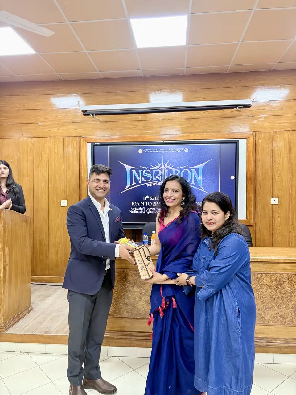 Memento presentation to Cdr Naveen Pandita at Motilal Nehru College, DU