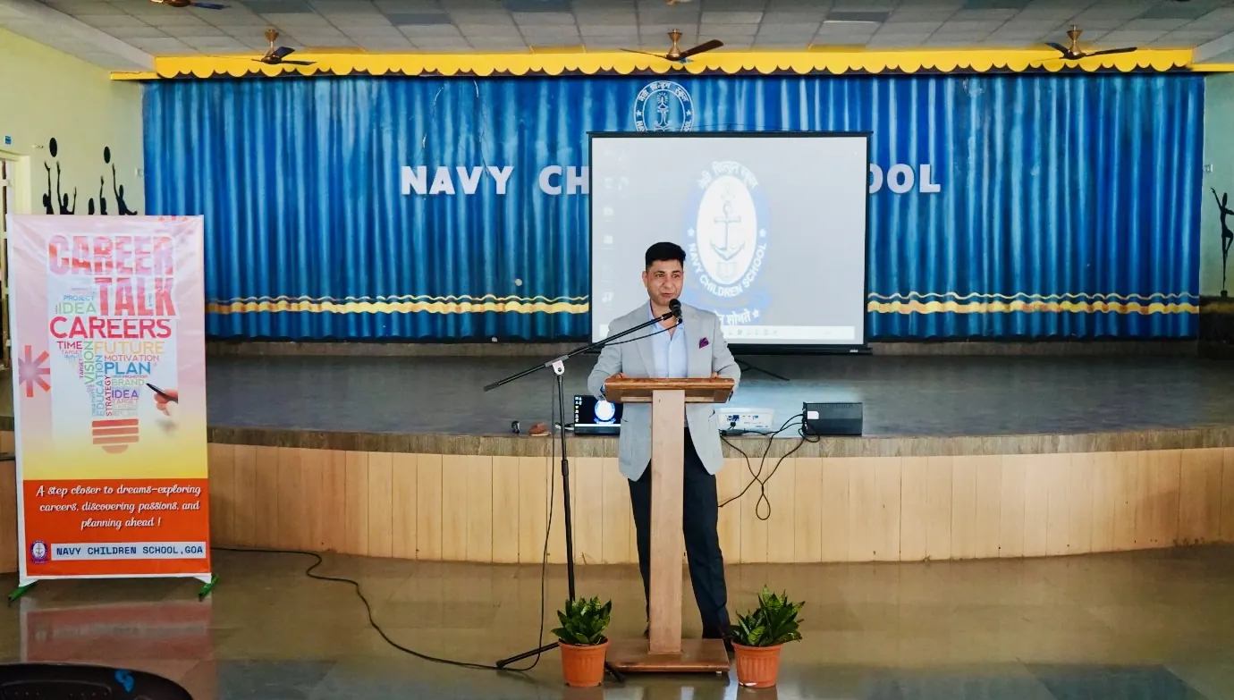 Cdr Naveen Pandita addressing students at Navy Children School (NCS), Goa
