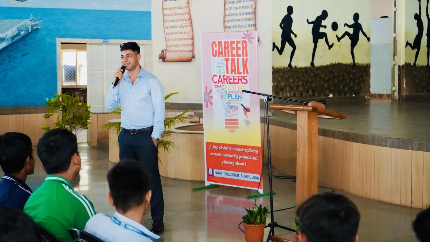 Cdr Naveen Pandita speaking at Navy Children School Goa career conclave