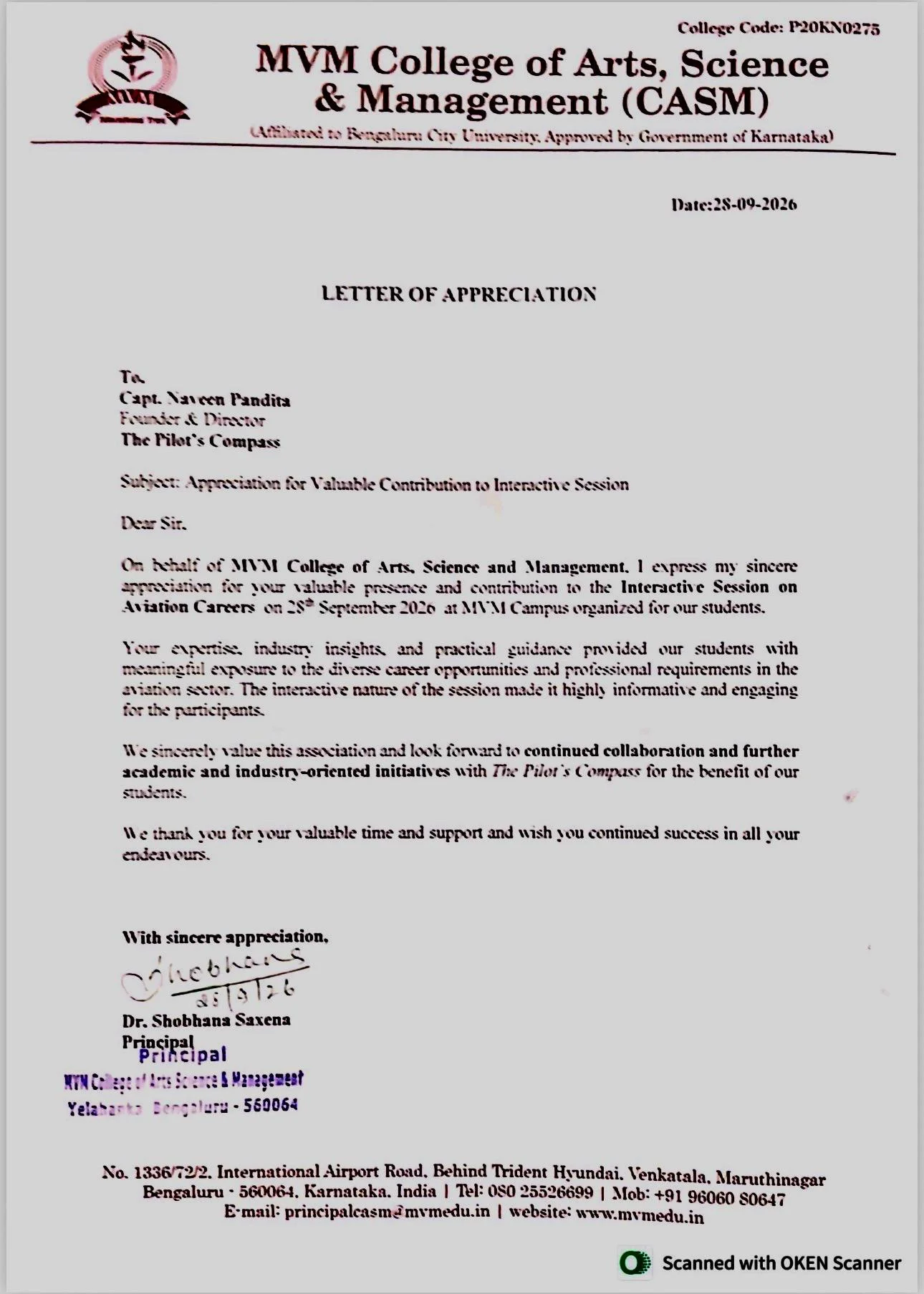 Letter of Appreciation from MVM College of Arts, Science & Management Bengaluru to Cdr Naveen Pandita
